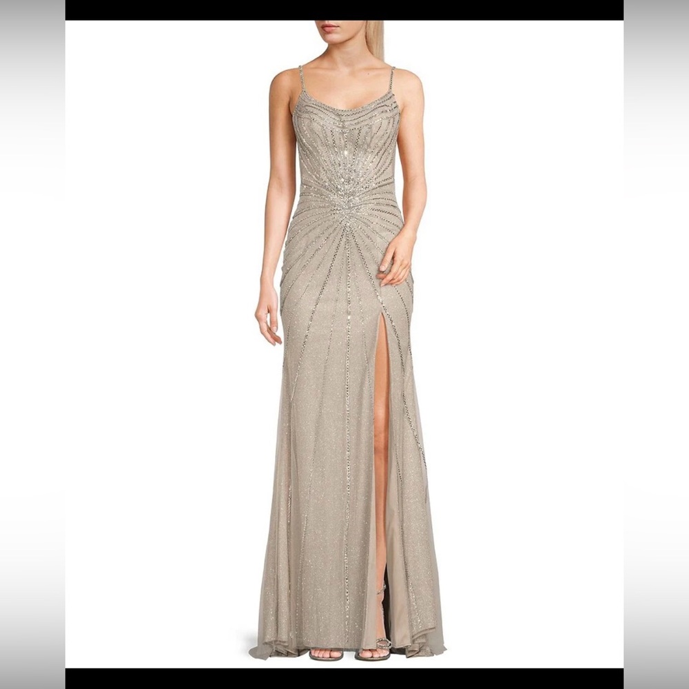 Scoop neck illusion back slit hem beaded glitter long dress.